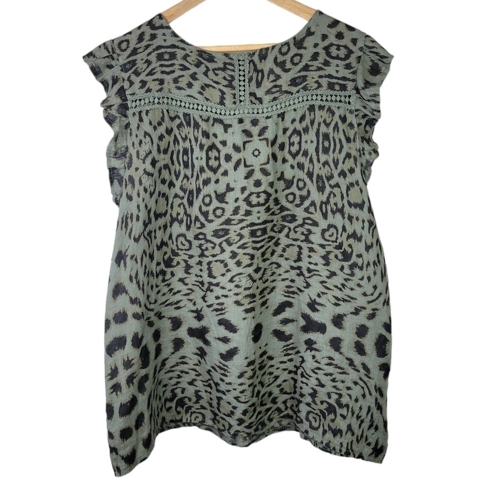 Lungo L'Arno Linen Animal Print Sleeveless Top Ruffle Green 1X NEW